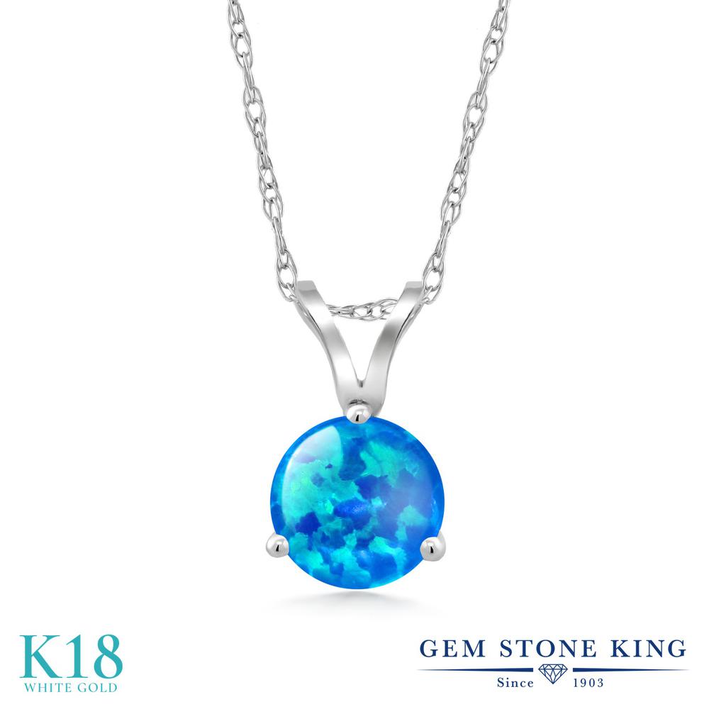 Gem Stone King 0.75カラット シミュレイテッド ブルーオパール 18金 ホワイトゴールド(K18) ネックレス ペンダント レディース 一粒 シンプル 10月 誕生石 金属アレルギー対応 誕生日プレゼント