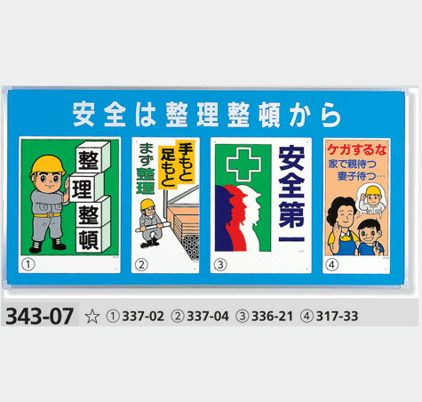 安全標識　ユニパネセット 343-07　安全は整理整頓から（標識4種） サイズ：900×1800×25mm厚　※商品はパネルと標識のセット販売になります。