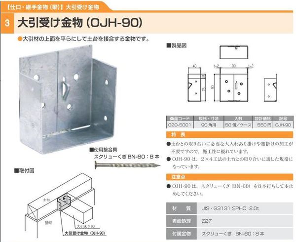 カナイ 大引き受け金物　(OJH-90)　(50個/ケース） 2