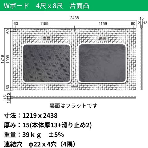 Wボード1219mm×2438mm 片面凸 15mm厚 4尺×8尺 10枚セット プラスチック敷板 樹脂製敷板 プラシキ プラ敷板 プラ敷き ダイコク板 ジュライト 農園 畜産 養生敷板 でこぼこ 農道 あぜ道 砂利 ぬかるみ 送料無料 色：緑 3