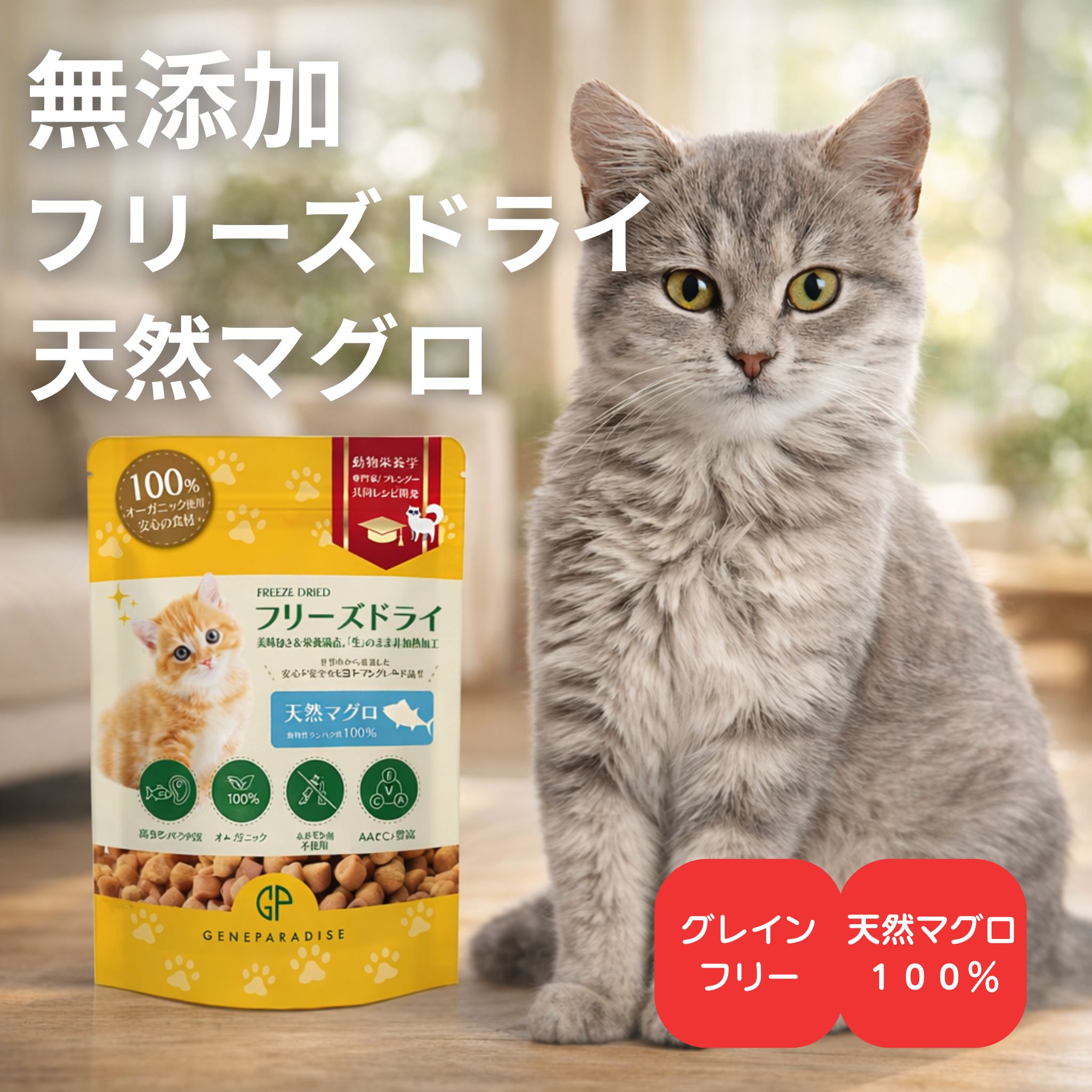 猫 おやつ 無添加 フリーズドライ まぐろ マグロ 天然マグロ100% 猫用おやつ グレインフリー 穀物不使用 高齢猫 シニア猫 ごほうび ご褒美 トッピング ふりかけ 食いつき 偏食 着色料不使用 保存料不使用 ヒューマングレード たんぱく質 ジェネパラダイス 40g