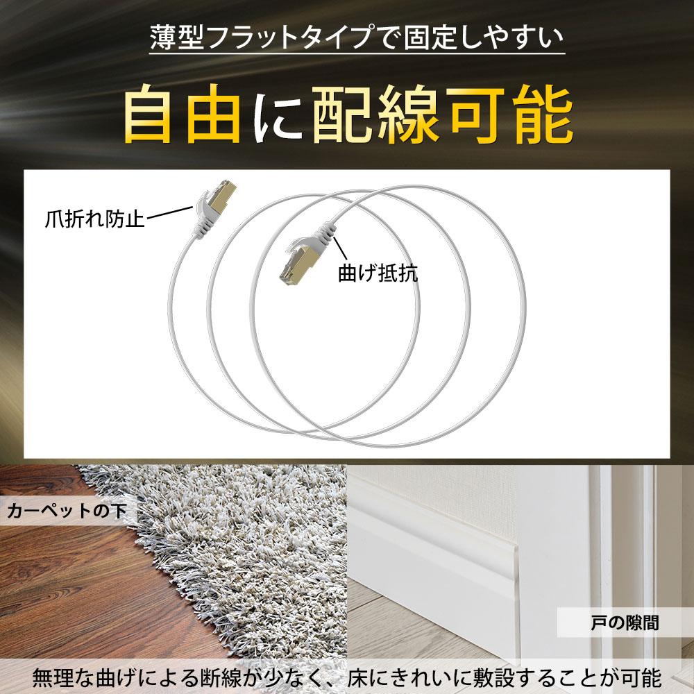 フラット LANケーブル cat7 15m GSPOWER 厚さ2.2mm ゴールドメッキ 業務用 企業様向け サーバー データーセンター 10G通信 カテゴリ7 ストレート 爪折れ防止 薄型 3