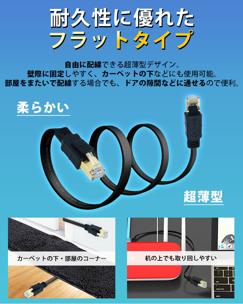 LANケーブル cat8 フラット 0.5m 1m 1.5m 2m 3m 5m 10m GSPOWERflat 2mm厚 40G通信 ゴールドメッキ 業務用 企業様向け サーバー用 黒 白 黄 青 赤 ストレート ランケーブル RJ-45 3