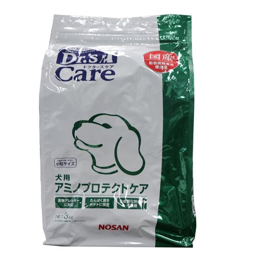 ◆商品名：ドクターズケア (Drs CARE) 療法食 アミノプロテクトケア 犬用 3KG 本体サイズ (幅X奥行X高さ) :26.3×10.5×37.8cm 本体重量:3kg 原産国:日本 商品紹介食物アレルギーによる皮膚疾患・消化器疾患の犬の食事管理を目的に開発された犬用療法食です。使用上の注意必ず獣医師の指導の下で与えてください。P.when('A').execute(function(A) {A.on('a:expander:toggle_description:toggle:collapse', function(data) {window.scroll(0, data.expander.$expander[0].offsetTop-100);});});原材料・成分スターチ、ポテトプロテイン、植物性油脂、セルロース、ミネラル類(リン酸カルシウム、炭酸カルシウム、塩化ナトリウム、リン酸カリウム、塩化カリウム、酸化マグネシウム、鉄アミノ酸複合体、硫酸鉄、亜鉛アミノ酸複合体、炭酸亜鉛、マンガンアミノ酸複合体、炭酸マンガン、銅アミノ酸複合体、硫酸銅、ヨウ素酸カルシウム、硫酸コバルト)、アミノ酸類(アルギニン、メチオニン、フェニルアラニン、リジン、ヒスチジン、トリプトファン、イソロイシン、ロイシン、バリン、スレオニン、アラニン、グリシン、タウリン)、フラクトオリゴ糖、ポテトエキス、ビタミン類(ビタミンA、ビタミンD、ビタミンE、ビタミンK3、ビタミンB1、ビタミンB2、パントテン酸カルシウム、ナイアシン、ビタミンB6、葉酸、ビオチン、ビタミンC、イノシトール、ビタミンB12、塩化コリン)、ローズマリー抽出物ご注意（免責）＞必ずお読みくださいポテトアレルギーの犬には与えないでください。食事療法中は、特別な対応を必要とする場合を除き「ドクターズケアアミノプロテクトケア」以外のフードは与えないで下さい。他フードから「ドクターズケアアミノプロテクトケア」」への切り替えは、徐々に行うことが大切です。まず、 今までの食事に少量まぜ徐々に増やしていきます。1週間くらいかけてゆっくり行って下さい。この製品は着色料を使用しておりませんので、使用する原料によって色調などに若干の違いが生じることがありますが品質には変わりありませんのでご安心下さい。続きを見る