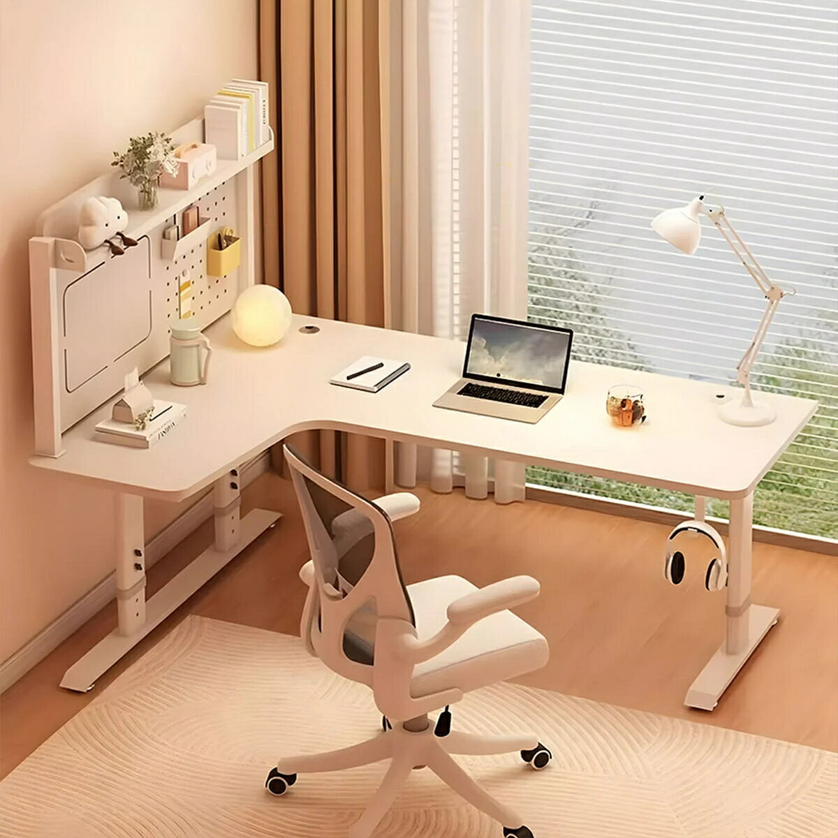 デスク　インドア　L字型　パソコンデスク 広い天板　昇降可能　ダブル配線穴キャップ　収納棚　有孔ボ..