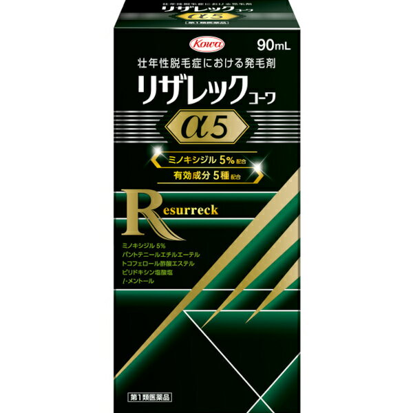 医薬品区分 　一般用医薬品薬効分類 　毛髪用薬（発毛，養毛，ふけ，かゆみ止め用薬等）承認販売名 　製品名 　リザレックコーワα5製品名（読み） 　リザレックコーワアルファ5製品の特徴 　使用上の注意 　■してはいけないこと（守らないと現在の症状が悪化したり，副作用が起こる可能性があります。）　1．次の人は使用しないでください。　（1）本剤又は本剤の成分によりアレルギー症状を起こしたことがある人。　（2）女性。　　（日本人女性における安全性が確認されていません。）　（3）未成年者（20歳未満）。　　（国内での使用経験がありません。）　（4）壮年性脱毛症以外の脱毛症（例えば，円形脱毛症，甲状腺疾患による脱毛等）の人，あるいは原因のわからない脱毛症の人。　　（本剤は壮年性脱毛症でのみ有効です。）　（5）脱毛が急激であったり，髪が斑状に抜けている人。　　（壮年性脱毛症以外の脱毛症である可能性が高いです。）2．次の部位には使用しないでください。　（1）本剤は頭皮にのみ使用し，内服しないでください。　　（血圧が下がる等のおそれがあります。）　（2）きず，湿疹あるいは炎症（発赤）等がある頭皮。　　（きず等を悪化させることがあります。）3．本剤を使用する場合は，他の育毛剤及び外用剤（軟膏，液剤等）の頭皮への使用は，避けてください。又，これらを使用する場合は本剤の使用を中止してください。　（これらの薬剤は本剤の吸収に影響を及ぼす可能性があります。）■相談すること　1．次の人は使用前に医師又は薬剤師に相談してください。　（1）今までに薬や化粧品等によりアレルギー症状（例えば，発疹・発赤，かゆみ，かぶれ等）を起こしたことがある人。　（2）高血圧の人，低血圧の人。　　（本剤は血圧に影響を及ぼす可能性が考えられます。）　（3）心臓又は腎臓に障害のある人。　　（本剤は心臓や腎臓に影響を及ぼす可能性が考えられます。）　（4）むくみのある人。　　（むくみを増強させる可能性が考えられます。）　（5）家族，兄弟姉妹に壮年性脱毛症の人がいない人。　　（壮年性脱毛症の発症には遺伝的要因が大きいと考えられます。）　（6）高齢者（65歳以上）。　　（一般に高齢者では好ましくない症状が発現しやすくなります。）　（7）次の診断を受けている人。　　甲状腺機能障害（甲状腺機能低下症，甲状腺機能亢進症）。　　　（甲状腺疾患による脱毛の可能性があります。）2．使用後，次の症状があらわれた場合は副作用の可能性があるので，直ちに使用を中止し，この添付文書を持って医師又は薬剤師に相談してください。［関係部位：症状］皮膚：頭皮の発疹・発赤＊，かゆみ，かぶれ，ふけ，使用部位の熱感等精神神経系：頭痛，気が遠くなる，めまい循環器：胸の痛み，心拍が速くなる代謝系：原因のわからない急激な体重増加，手足のむくみ　＊頭皮以外にあらわれることもあります。3．6ヶ月間使用して，次のいずれにおいても改善が認められない場合は，使用を中止し，この添付文書を持って医師又は薬剤師に相談してください。　脱毛状態の程度，生毛・軟毛の発生，硬毛の発生，抜け毛の程度（太い毛だけでなく細く短い抜け毛の減少も改善の目安となります。）。　　（壮年性脱毛症以外の脱毛症であったり，脱毛が他の原因によるものである可能性があります。）4．使用開始後6ヶ月以内であっても，脱毛状態の悪化や，次のような脱毛が見られた場合は，使用を中止し，この添付文書を持って医師又は薬剤師に相談してください。　頭髪以外の脱毛，斑状の脱毛，急激な脱毛等。　　（壮年性脱毛症以外の脱毛症であったり，脱毛が他の原因によるものである可能性があります。）その他の注意　■その他の注意（1）毛髪が成長するには時間がかかります。効果がわかるようになるまで少なくとも4ヶ月間，毎日使用してください。　（ミノキシジルローション5％製剤の有効性は4ヶ月使用後から認められております。）（2）毛髪が成長する程度には個人差があり，本剤は誰にでも効果があるわけではありません。（3）効果を維持するには継続して使用することが必要で，使用を中止すると徐々に元に戻ります。　（本剤は壮年性脱毛症の原因を取り除くものではありません。）効能・効果 　壮年性脱毛症における発毛，育毛及び脱毛（抜け毛）の進行予防効能関連注意 　用法・用量 　成人男性（20歳以上）が，1日2回，1回1mLを脱毛している頭皮に塗布してください。用法関連注意 　1．用法・用量の範囲より多量に使用しても，あるいは頻繁に使用しても効果はあがりません。定められた用法・用量を厳守してください。（決められた以上に多く使用しても，効果の増加はほとんどなく，副作用の発現する可能性が高くなります。）2．目に入らないように注意してください。万一，目に入った場合には，すぐに水又はぬるま湯で洗ってください。なお，症状が重い場合には眼科医の診療を受けてください。3．薬液のついた手で，目等の粘膜にふれると刺激があるので，手についた薬液はよく洗い落としてください。4．アルコール等に溶けるおそれのあるもの（メガネわく，化学繊維等）にはつかないようにしてください。5．整髪料及びヘアセットスプレーは，本剤を使用した後に使用してください。6．染毛剤（ヘアカラー，毛染め，白髪染め等）を使用する場合には，完全に染毛を終えた後に本剤を使用してください。成分分量 　100mL中成分　分量ミノキシジル　5gパントテニールエチルエーテル　1gピリドキシン塩酸塩　0.05gトコフェロール酢酸エステル　0.08gl-メントール　0.3g添加物 　エタノール，1,3-ブチレングリコール，pH調節剤保管及び取扱い上の注意 　1．使用後，キャップをして，直射日光や高温，寒冷の場所を避け，涼しい所に保管してください。2．小児の手の届かない所に保管してください。3．誤用を避け，品質を保持するため，他の容器に入れ替えないでください。4．火気に近づけないでください。5．使用期限を過ぎた製品は使用しないでください。消費者相談窓口 　会社名：興和株式会社問い合わせ先：医薬事業部　お客様相談センター電話：03-3279-7755受付時間：月〜金（祝日を除く）9：00〜17：00その他：FAX　03-3279-7566　●興和製品サイト　hc.kowa.co.jp/otc製造販売会社 　リョートーファイン（株） 添付文書情報会社名：リョートーファイン株式会社住所：〒277-0861　千葉県柏市高田1410番地販売会社 　興和（株）剤形 　液剤リスク区分等 　第1類医薬品