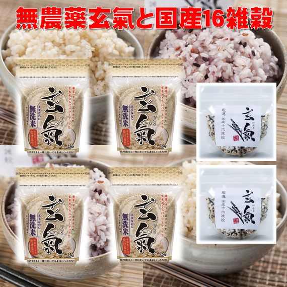 【農薬・化学肥料不使用栽培の玄氣】発芽玄米1.5g×4袋【長野県産】と国産16雑穀米300g×2袋の送料無料セ..