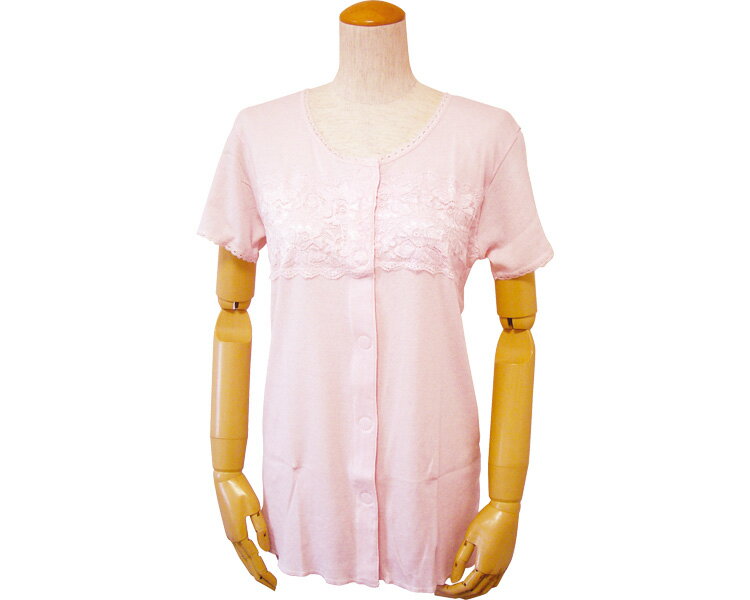 婦人三分袖胸レース付き前開きシャツ（ワンタッチテープ式） ピーチ M 43293 ウエル