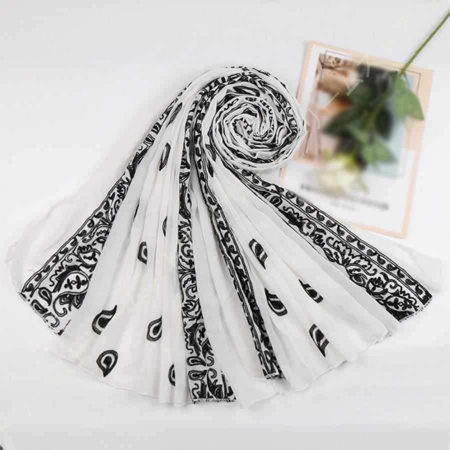 スカーフ コットン リネン 大判 日焼け止め 綿麻風 無地 図案刺繍 レディース ロングスカーフ 大判ショ..