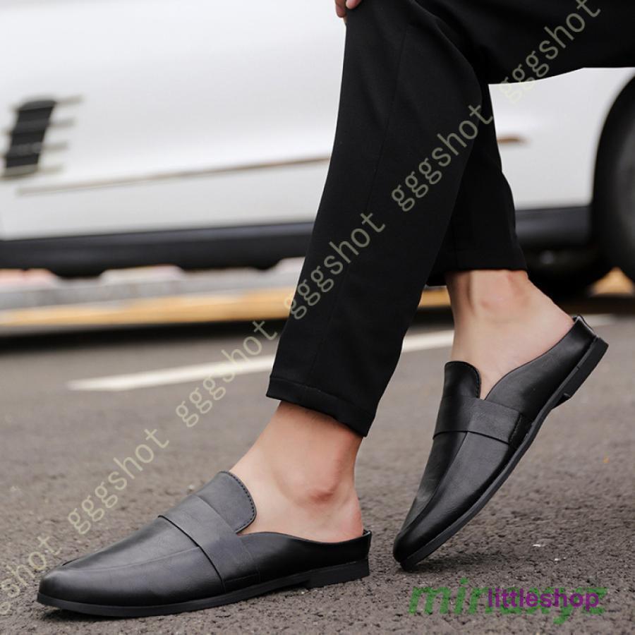 ビジネスサンダル 通気性 ビジネスシューズ メンズ かかとなしシューズ メッシュ サンダル 革靴 スリッポン モカシンシューズ 紳士靴 社内履き 蒸れない