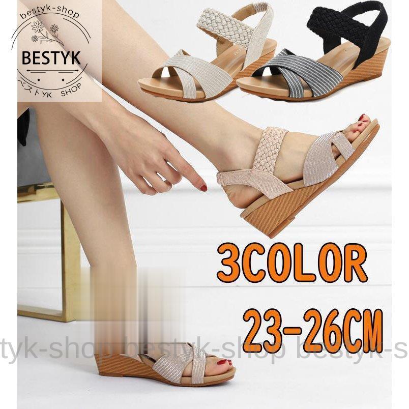 サンダル レディース 歩きやすい 厚底 夏 シューズ パンプス ミュール オープントゥ ヒール ゴムバンド..