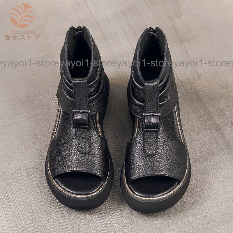 ブーツサンダル ペタンコ 厚底サンダル フラットシューズ 厚底シューズ ショートブーツ コンフォート オープントゥ 夏用 通気性 カジュアル 春 靴(4)