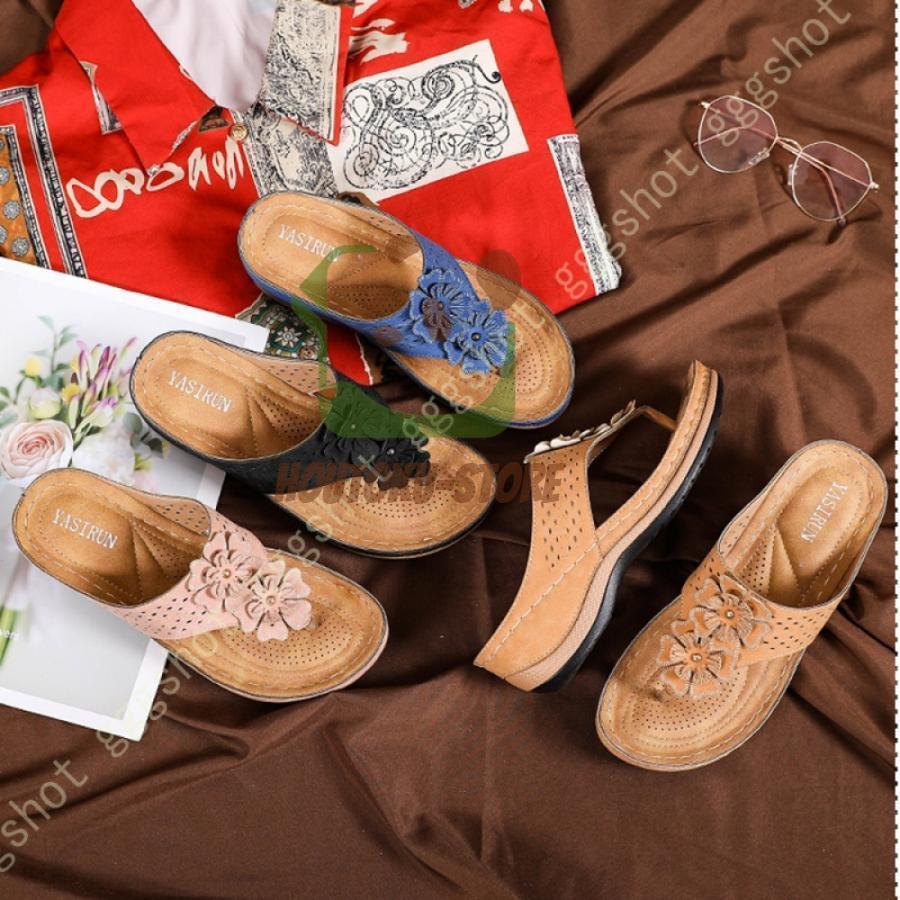 トングサンダル レディース ウェッジソール ミュール サンダル 花柄 ビジュー ラインストーン サンダル ビーチサンダル おしゃれプ