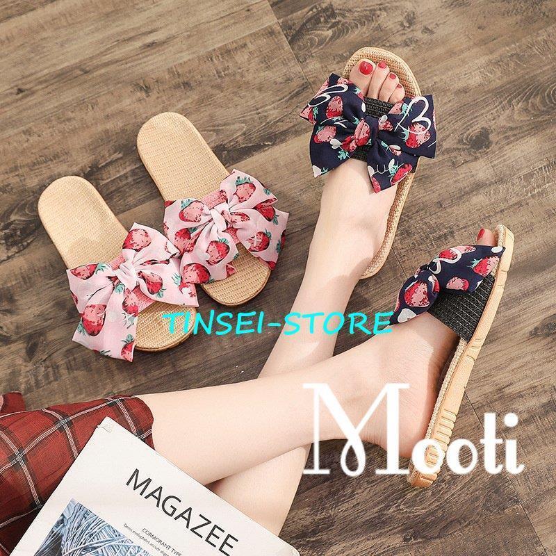 スリッパ おしゃれ ルームシューズ カップル レディース蝶結び イチゴ柄リネンスリッパ 部屋履き 室内履き 来客用 滑り止め 通気性 汗を吸い取る 疲れない