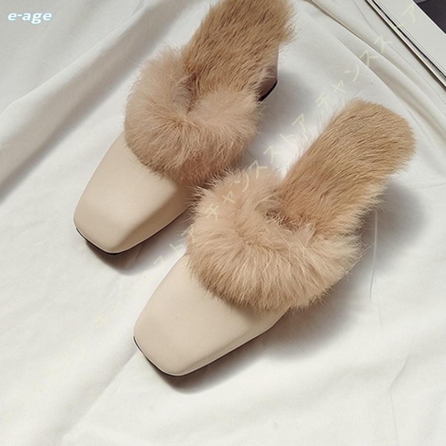 ファー ミュール レディース 冬 太ヒール スクエアトゥ パンプス 歩きやすい ヒール サンダル ハイヒール 7センチ 脚長 スリッパ オフィスサンダル 外履き