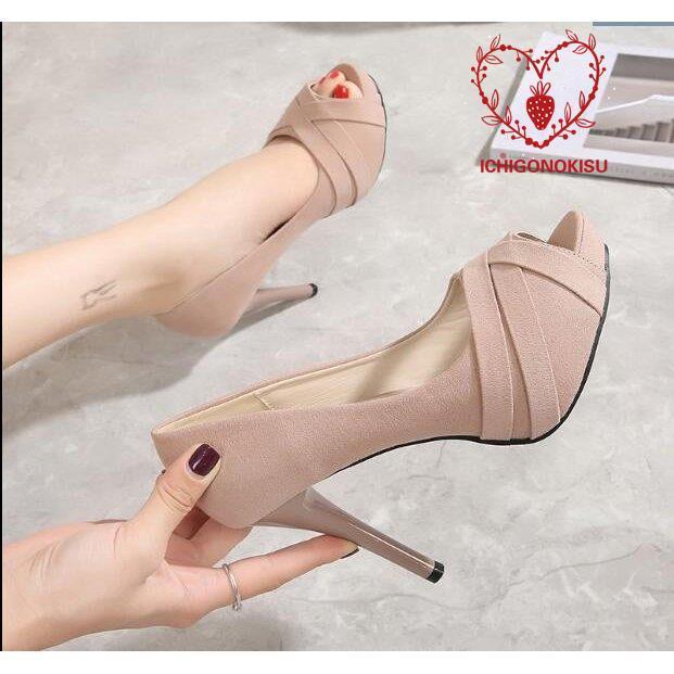 パンプス オープントゥ スエード調 ピンヒール ハイヒール ストーム 前厚 痛くない サンダル パーティー パーティーシューズ