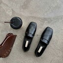 スクエアトゥ ローファー レディース フラットシューズ スムース ビット付き 無地 ブラック 黒 フラットパンプス ぺたんこ ローヒール 大きいサイズ 痛くない