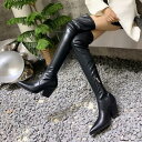 ストレッチブーツ ニーハイ 膝上 超ロング 90cm ブラック レディース 美脚 太ヒール チャンキーヒール ハイヒール 黒 膝上 秋 冬 新作 太くない(4)