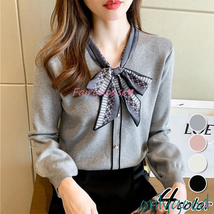 ニットトップス レディース 秋冬 40代 長袖 ニットトップス リボンVネックセーター ショット丈ニットソ..