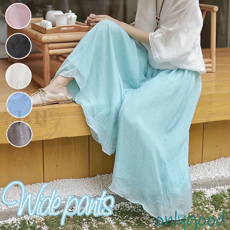 ワイドパンツ レディース 夏 ウエストゴム バギーパンツ カーチョ ズボン 6色 ハイウエスト シフォン 美脚 涼しい 無地 着痩せ 6色 30代40代 50代 50代