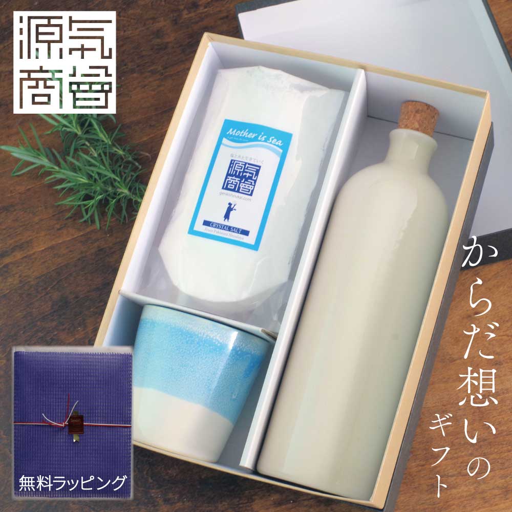 楽天からだ想いのお塩屋さん 源気商会父の日 ギフト 源気商会 塩水健康法セット ギフト ラッピング チラシ付 クリスタルソルト 計量スプーン 1g 小さじ イオンボトル 信楽焼 カップ 送料無料セット [2] [gift]