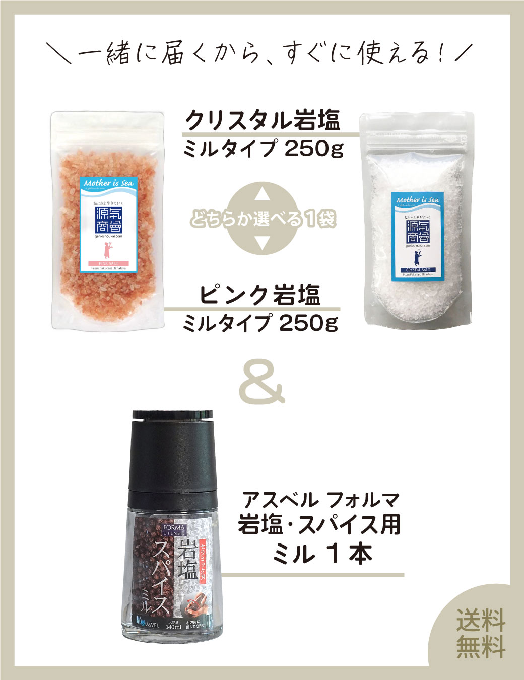 ＼お買い物マラソン★11/27火9:59まで／ 2種から選べる ミルタイプ 岩塩 250g 1袋 + ソルトミル 1本セット / クリスタル岩塩 ピンク岩塩 ASVEL FORMA 岩塩・スパイス用ミル 塩 岩塩 ヒマラヤ岩塩 塩入れ 調味料入れ ガラス 瓶 シンプル 送料無料 [2] (gso) genkishoukai-10000137 からだ想いのお塩屋さん 源気商会 サンプル画像2