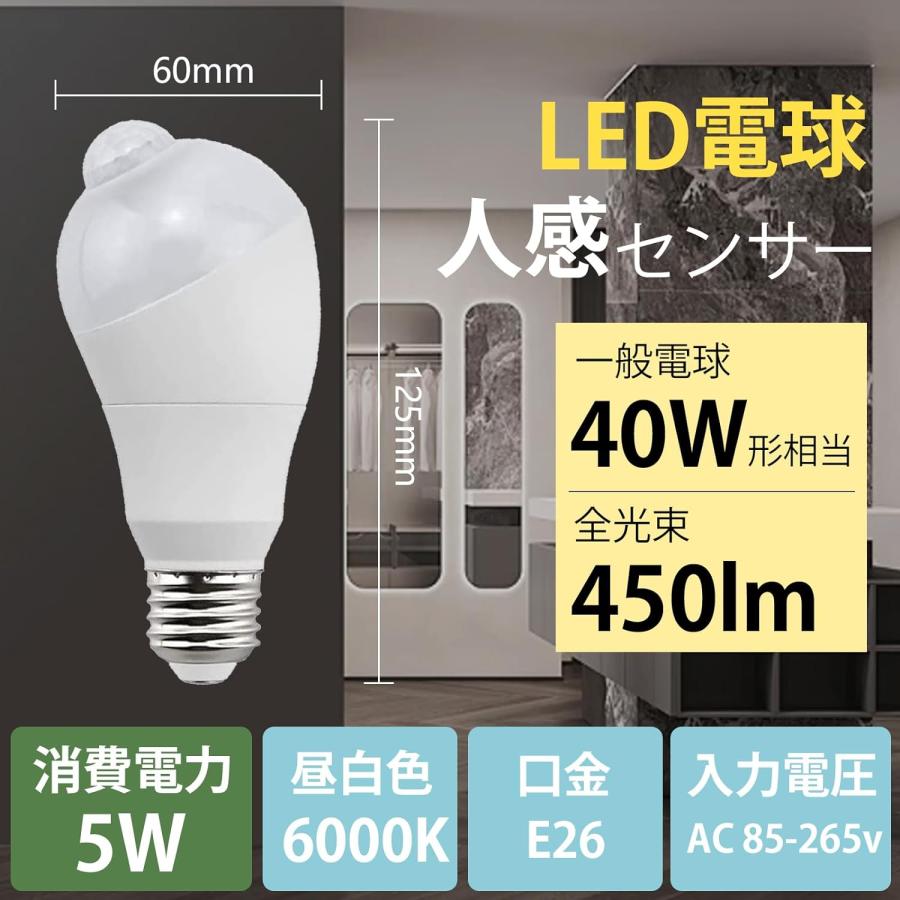 億兆堂 led電球 5W センサーライト 斜め 人感センサー 自動点灯／消灯 360度回転 検知角度調節 明暗センサーライト 40W形相当 口金E26 搭載レーダー探知機付 省エネ 防犯照明 廊下 階段 駐車場 事務室 部屋 玄関灯 トイレ 地下室 昼白色/電球色 1個入り