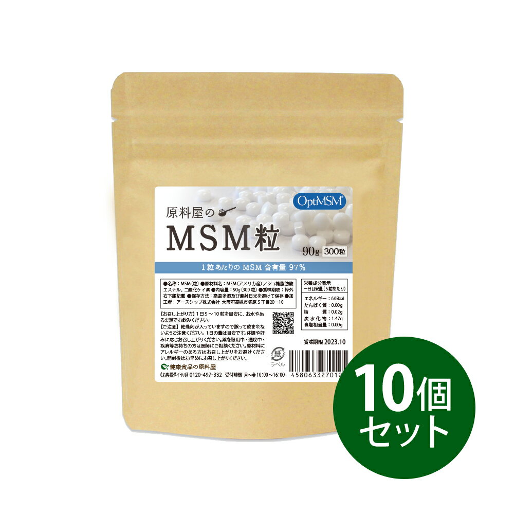 MSMはやや苦みがあるのが特徴です。原料屋では粉末のMSMをご提供してきましたが、このたび飲みやすい粒タイプを販売することになりました。粒タイプは97％がMSMで、3％賦形剤を使用しています。 &nbsp; MSMとは、メチルサルフォニルメタンの略で有機イオウ化合物の事です。あらゆる生き物の中に存在し、様々な食材に含まれます。私たちの身近な食品、果物、乳製品、穀物、豆類にも含まれています。イオウはある種のアミノ酸やビタミンの構成成分でもあり、細胞の働きになくてはならないミネラルです。 一般的にイオウというと、火山や温泉などに漂う臭いのきついガスをイメージされると思います。これらは無機イオウであり、生物の体にある有機イオウとは異なるものです。イオウの多くは、土の中に硫酸塩(sulfate,SO4)の形で存在しますが、それらが微生物や植物によってアミノ酸などの有機物の形に変換されることで、ヒトを含む動物の栄養源になります。これが有機イオウ化合物です。ヒトは無機イオウのままでは利用できないのですが、動植物に含まれている有機イオウであれば、容易に体内に吸収して利用できるようになるのです。 &nbsp; 健康なカラダを維持するにもイオウの働きが大切です。 イオウは、体にとって大切なミネラル成分、また、コラーゲンやケラチンなどを作るためには必要不可欠な成分です。 手軽に続けられるのが一番です。カラダの中から元気に美しくなりましょう。 &nbsp; 私たちの生活、運動、美容、これらの日常生活の中でたんぱく質の合成に欠かせないミネラルです。イオウの健康作用を期待するには1日に1g〜3gが必要と言われています。でもイオウは熱で分解されやすく調理によって減少してしまうのです。また、食物に含まれるイオウはごく微量で食物からだけで摂取を期待するのは難しいのです。 &nbsp; MSMの製造方法には、蒸留法と結晶化法があります。沸点は物質ごとに違います。その沸点の違いを利用して不純物を取り除くのが蒸留法です。蒸留法で製造すると手間暇はかかりますが、純度の高い製品ができます。原料屋のMSMは蒸留法で製造しています。 &nbsp; アメリカでは、このMSMのすばらしさが多くの方に支持されて定番のサプリメントになっています。過剰に摂りすぎた分は尿から体外に排出されるので摂りすぎることはありません。純粋なMSMの安全性は水と同じくらいとも言われています。なので、不純物ができるだけ入っていないMSMが高品質なMSMになります。バーグストロームニュートリション社のMSMは製造して20年の歴史があり、MSM専用の製造施設でMSMのみを製造していますので混合の可能性はありません。 &nbsp; 全てのロットに置いて、鉛、ヒ素、カドミウム、アルミニウム、水銀、細菌の残存検査を行っています。OptiMSMは高品質なMSMとしてFSSC22000、ISO9001、GRAS認定等様々な国際的な認証を取得しています。 &nbsp; 苦くて食べにくいMSMを食べやすくするために3％だけ使用した賦形剤ですが、非遺伝子組み換えのてんさい由来のショ糖脂肪酸エステルを使用しています。この添加物は、アレルギー表示対象食品28品目及び米由来の原料も使用していません。 &nbsp; 原料屋の安全性 ◆自社で発送 配送センター任せにせず、ご注文を頂いてから自社で梱包し、当日発送いたします。お客様のお手元まで責任をもってお届けいたします。 ◆自社で小分け 温度や湿度管理された小分けルームで製造します。機械を使用せず、1つ1つ手作業で行うことで、原料の状態や品質など細かいところまで気を配る事ができます。 ◆放射能検査 入荷時にガイガーカウンターによりスクリーニング検査を行います。さらに食品専用の放射線検出器「ベクレルモニター」で検査を行っています。 商品情報・栄養成分 商品名原料屋のMSM粒 内容量《1袋あたり》 90g（300粒） 一日の目安1日5〜10粒を目安に、お水や白湯でお飲みください。 原産地アメリカ 原材料MSM、ショ糖脂肪酸エステル、二酸化ケイ素 賞味期限3年（製造日より） 栄養成分(5粒1.5g中)【エネルギー:6.05kcal】【たんぱく質:0.00g】【脂質:0.02g】【炭水化物:1.47g】【食塩相当量:0.00g】 保存方法直射日光は避け、常温で保存してください。開封後はお早めにご賞味ください。 区分健康食品(製造国 日本)販売者株式会社原料屋ドットコム広告文責株式会社原料屋ドットコム(0120-497-332) よくあるご質問 Q. 1粒あたりのMSM含有量を教えてください。 A. 1粒300mg中、MSM291mg・ショ糖脂肪酸エステル6mg・二酸化ケイ素3mgです。 &#160; Q. 二酸化ケイ素とは何ですか？ A. ケイ素と酸素の化合物です。通称シリカ、また無水ケイ酸、あるいは単にケイ酸と俗称することもあります。 Q.MSMの【硫黄成分】とは何でしょうか？ A.MSMは樹木から取れる硫黄成分で、有機イオウ化合物の一種です。また、主要ミネラル（カルシウム、マグネシウム、リン、カリウム、ナトリウム、塩素、イオウ）で、タンパク質の働きに重要な役割を持つ、体に大切な成分です。 Q.300粒より多かったり少なかったりしますか？ A.こちらの商品は重量（グラム）で計算し袋詰めいたします。1袋90g入で、約300粒のMSM粒が入っています。1粒当たりの重量に多少のばらつきがありますので、個数にばらつきが生じる場合もございます。