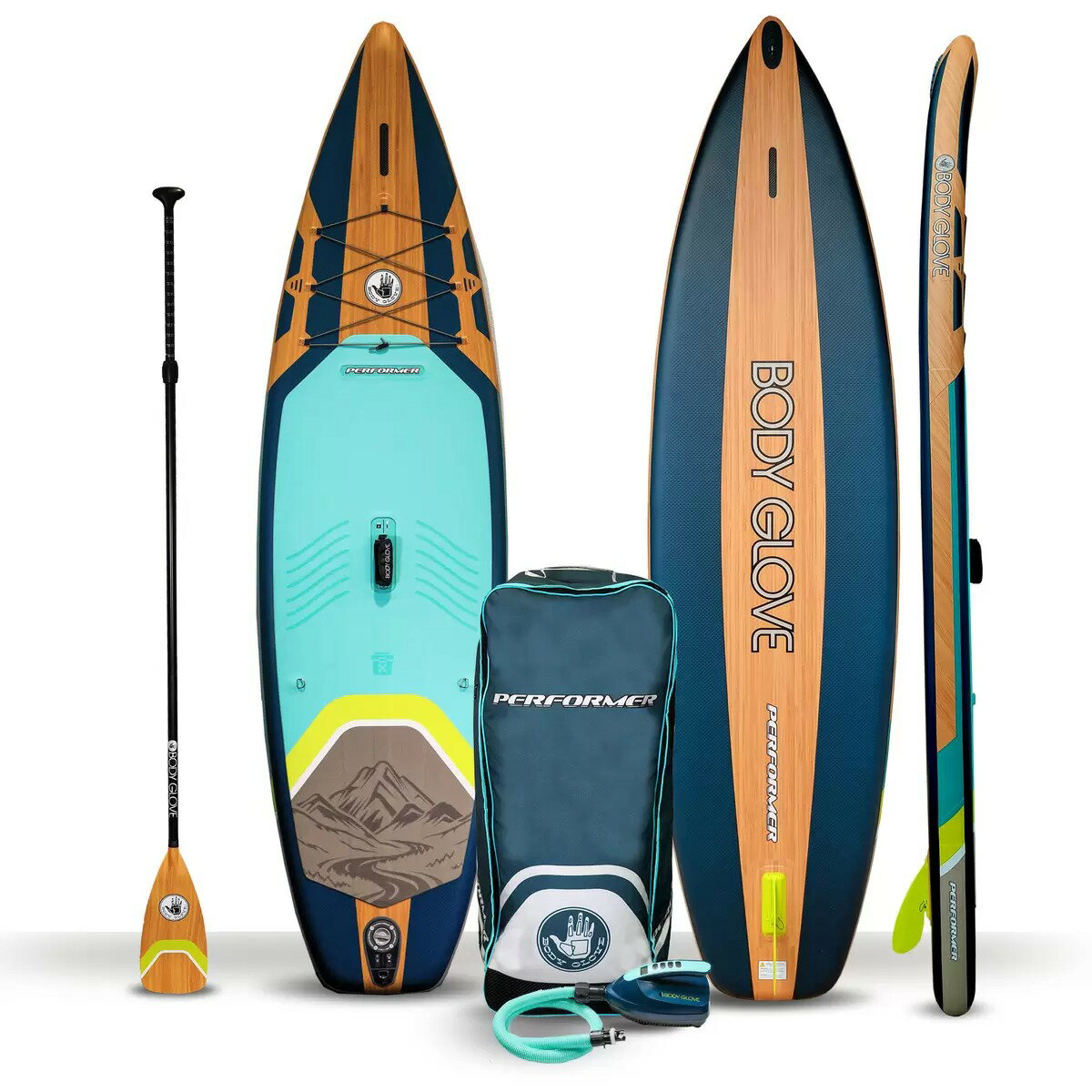ボディグローブ パフォーマー 11フィート 3.4m インフレータブル スタンドアップパドルボード SUP アウトドア マリンスポーツ 空気注入式 三層構造 電動ポンプ 耐久性 PVC 修理キット 保管バックパック シングルフィン 軽量 ハーネス付き