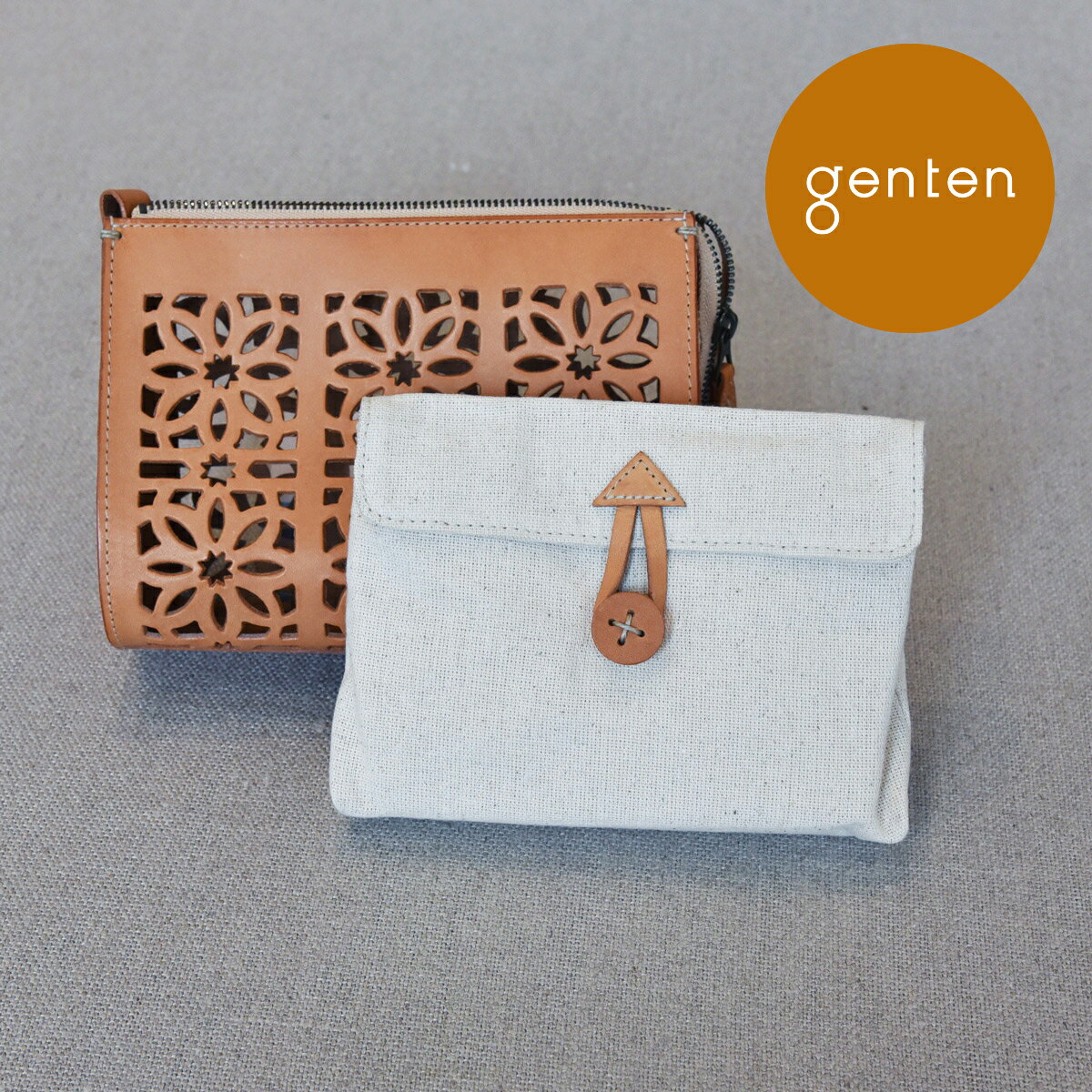 【ゲンテン公式】 genten 44244 (40605) ゲンテン カットワーク 内袋付き ポーチ 新色 イエロー登場★本革 ポーチ 大きめ 小物入れ イタリアンレザーのサムネイル