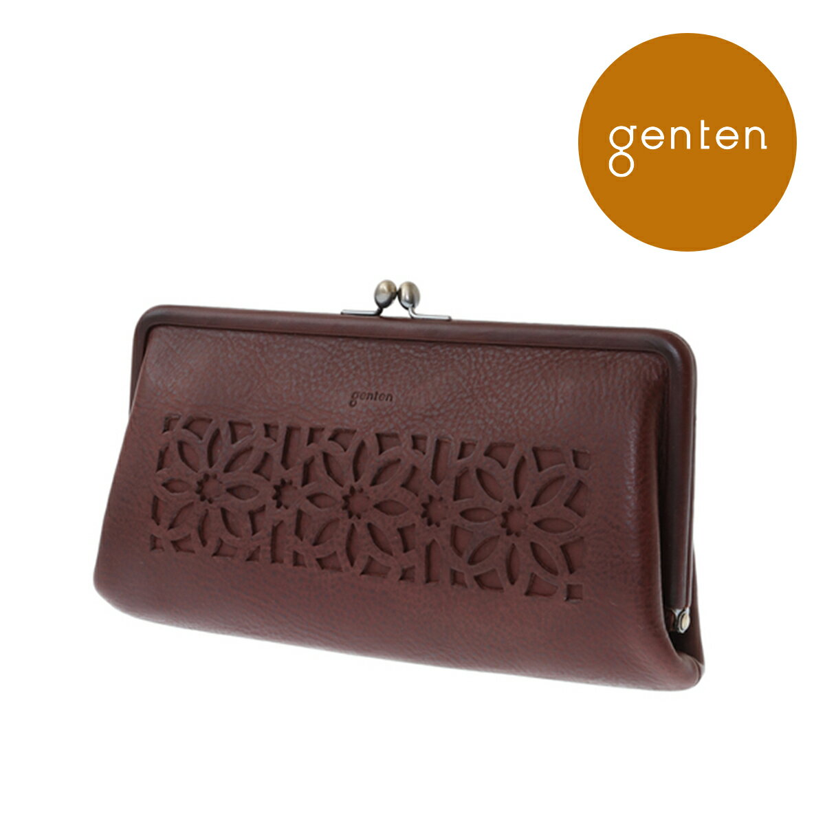 【ゲンテン公式】★新色 ノウチャ登場★genten ゲンテン 本革財布 長財布 がま口カットワーク 口金長財布 40618