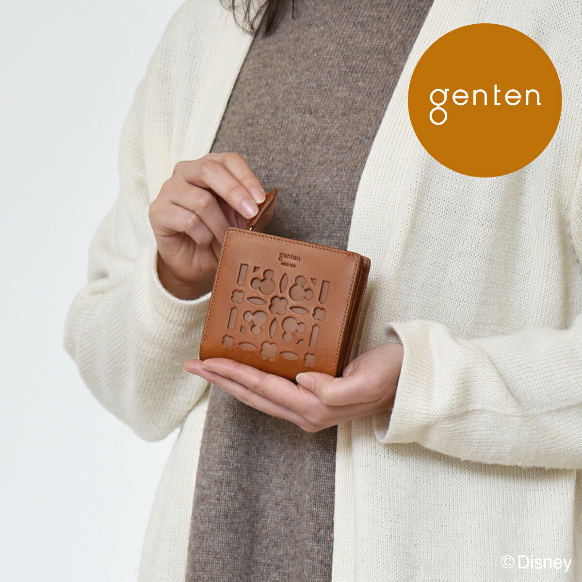 【ゲンテン公式】genten ゲンテン 本革財布 二つ折りトゥインクルカットワーク ミッキーマウス 二つ折り財布 460022022/春夏Collection｜ディズニースペシャルエディションです。