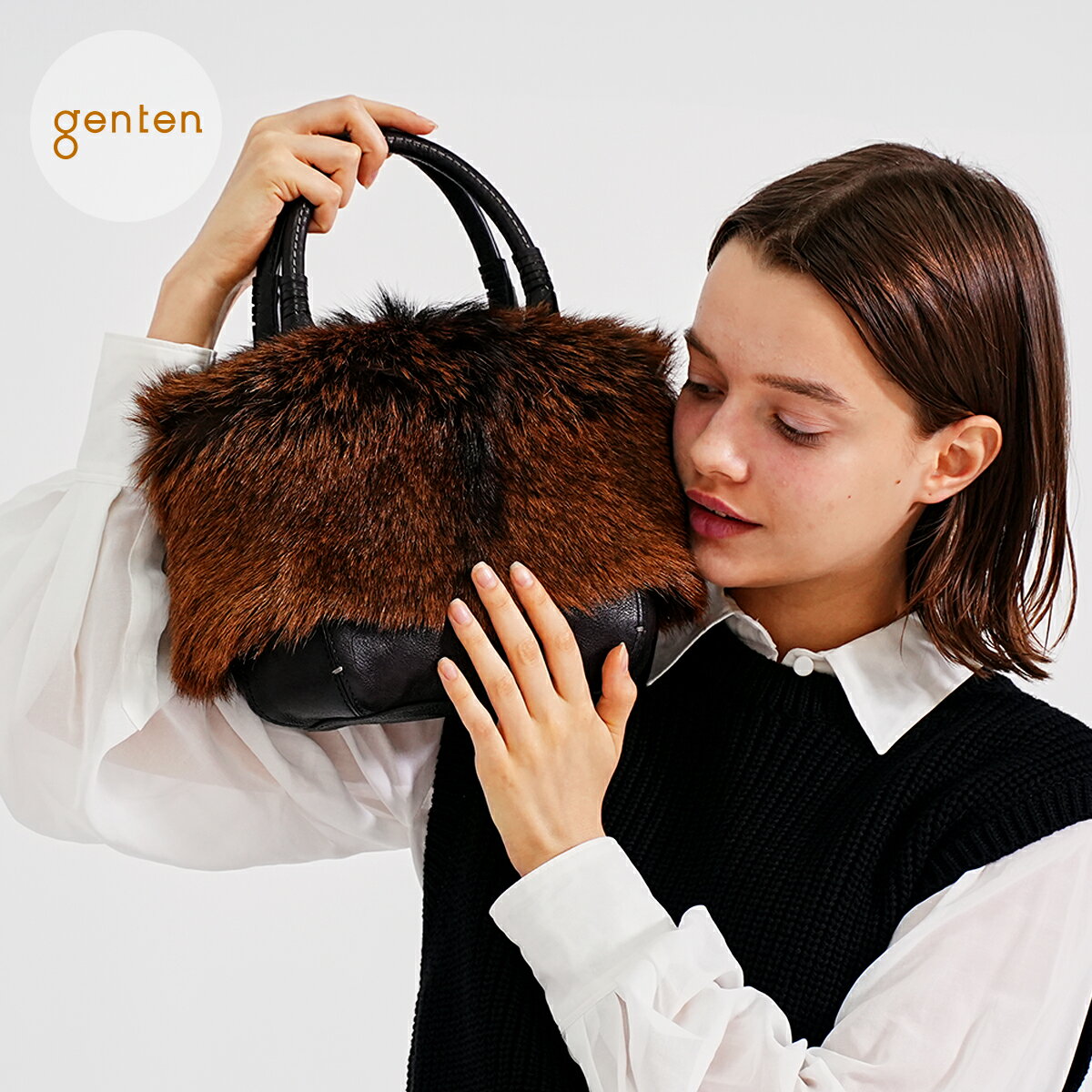【ゲンテン公式】 genten 44826 ゲンテン ゴートファー 手提げバッグ新作★本革バッグ ファーバッグ レディース 手提げバッグ 大人