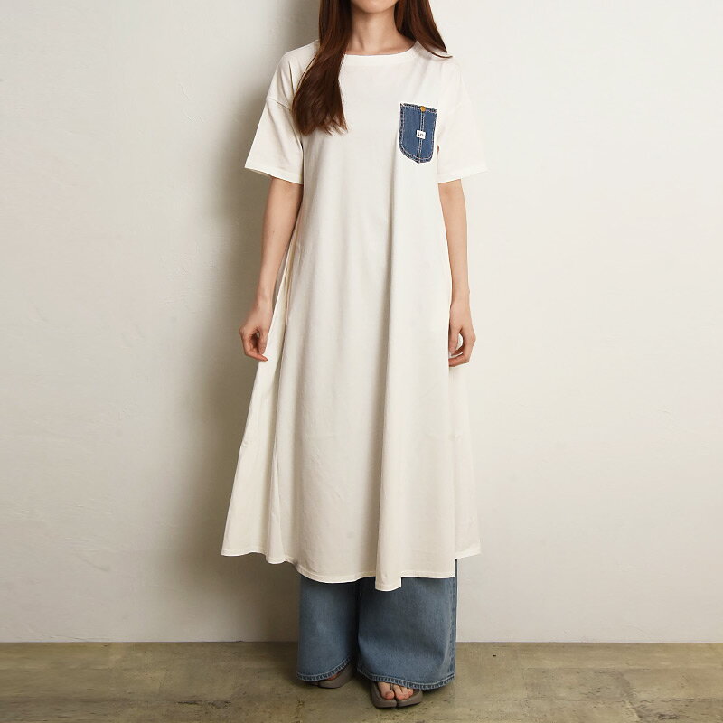 リー Lee デニムポケットドレス 半袖 レディース ワンピース クルーネック リラックスフィット ロング丈 マキシワンピ カットワンピ LT7104【EDWIN】