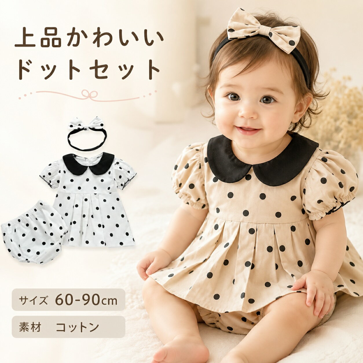 Rakuten - ベビー セットアップ 女の子 ドット柄 上下セット ヘアバンド付き コットン 半袖 韓国 ベビー服 赤ちゃん ワンピース風 ブルマ付き おしゃれ かわいい 夏 春 秋 出産祝い 誕生日 ハーフバースデー 記念撮影 おでかけ フォーマル 60 70 80 90 ベージュ ホワイト