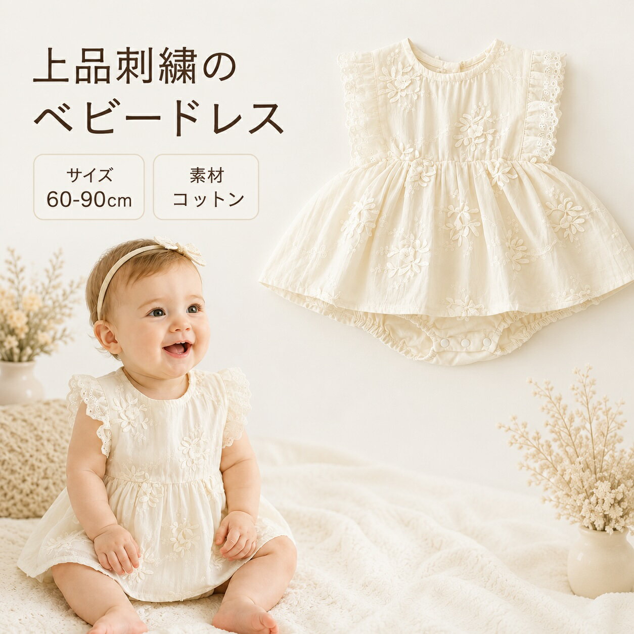 Rakuten - 【1000円クーポン】ベビー ロンパース 女の子 ベビードレス ワンピース風 コットン100% 刺繍 花柄 レース フリル 夏 赤ちゃん服 ベビー服 お宮参り お食い初め 誕生日 ハーフバースデー 記念撮影 出産祝い ギフト 60 70 80 90