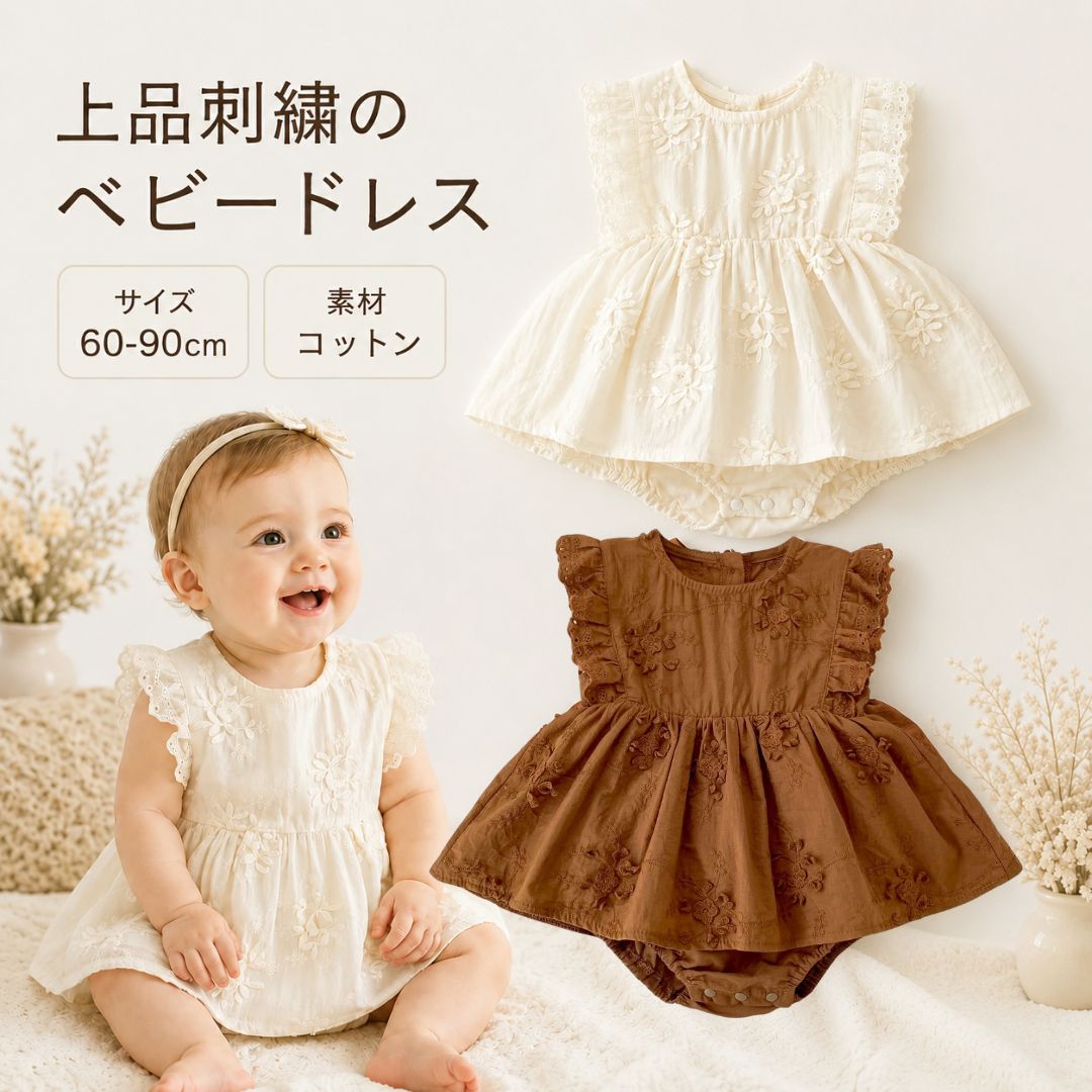 Rakuten - ベビー ロンパース 女の子 ベビードレス ワンピース風 コットン100% 刺繍 花柄 レース フリル 夏 赤ちゃん服 ベビー服 お宮参り お食い初め 誕生日 ハーフバースデー 記念撮影 出産祝い ギフト 60 70 80 90
