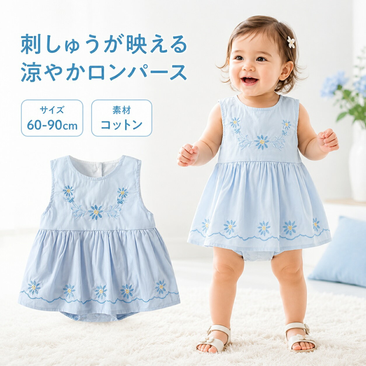ベビー ロンパース ワンピース風 女の子 刺繍 花柄 コットン ノースリーブ ベビー...