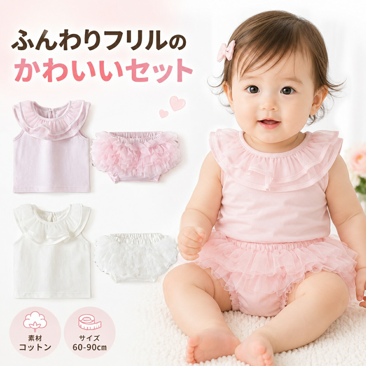 Rakuten - ベビー セットアップ 女の子 フリル ブルマ 上下セット コットン 夏 ノースリーブ 韓国 ベビー服 赤ちゃん かわいい チュール フリルブルマ おしゃれ 出産祝い ハーフバースデー 誕生日 記念撮影 おでかけ 60 70 80 90 ピンク ホワイト 子供服 ギフト