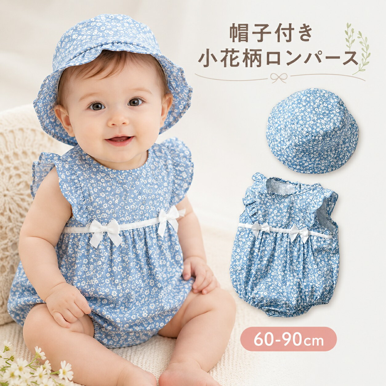 Rakuten - ベビーロンパース 帽子付き 女の子 花柄 フリル ノースリーブ ベビー服 夏服 赤ちゃん おしゃれ かわいい 小花柄 出産祝い ハーフバースデー 誕生日 撮影 お出かけ ベビー 新生児 60 70 80 90 ブルー ギフト 帽子セット
