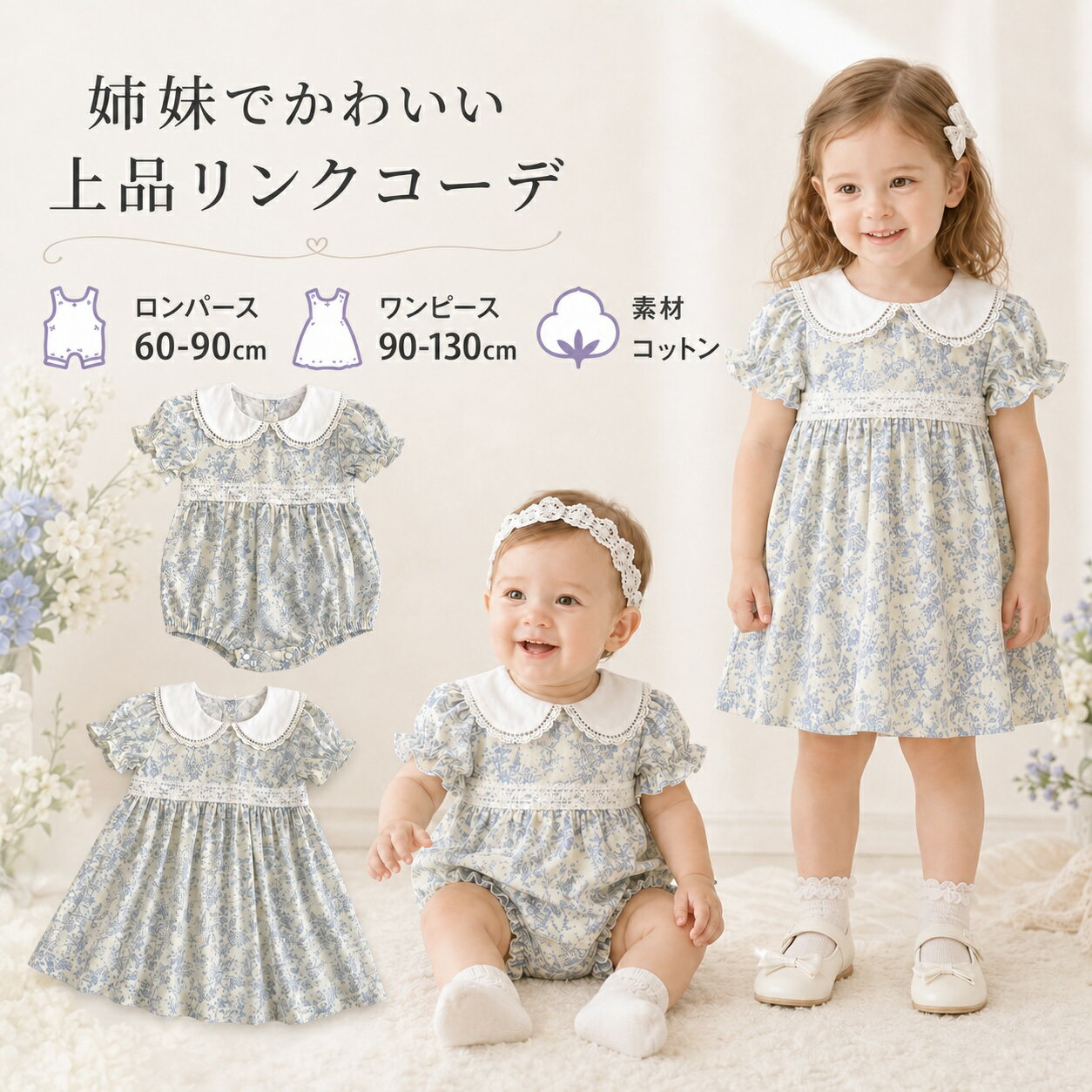 Rakuten - 【1000円クーポン】ベビー ロンパース ワンピース 姉妹おそろい 姉妹コーデ リンクコーデ 女の子 花柄 小花柄 丸襟 レース 半袖 コットン 綿100 ベビー服 キッズ服 夏服 60 70 80 90 100 110 120 130 誕生日 記念撮影 家族写真 出産祝い ギフト
