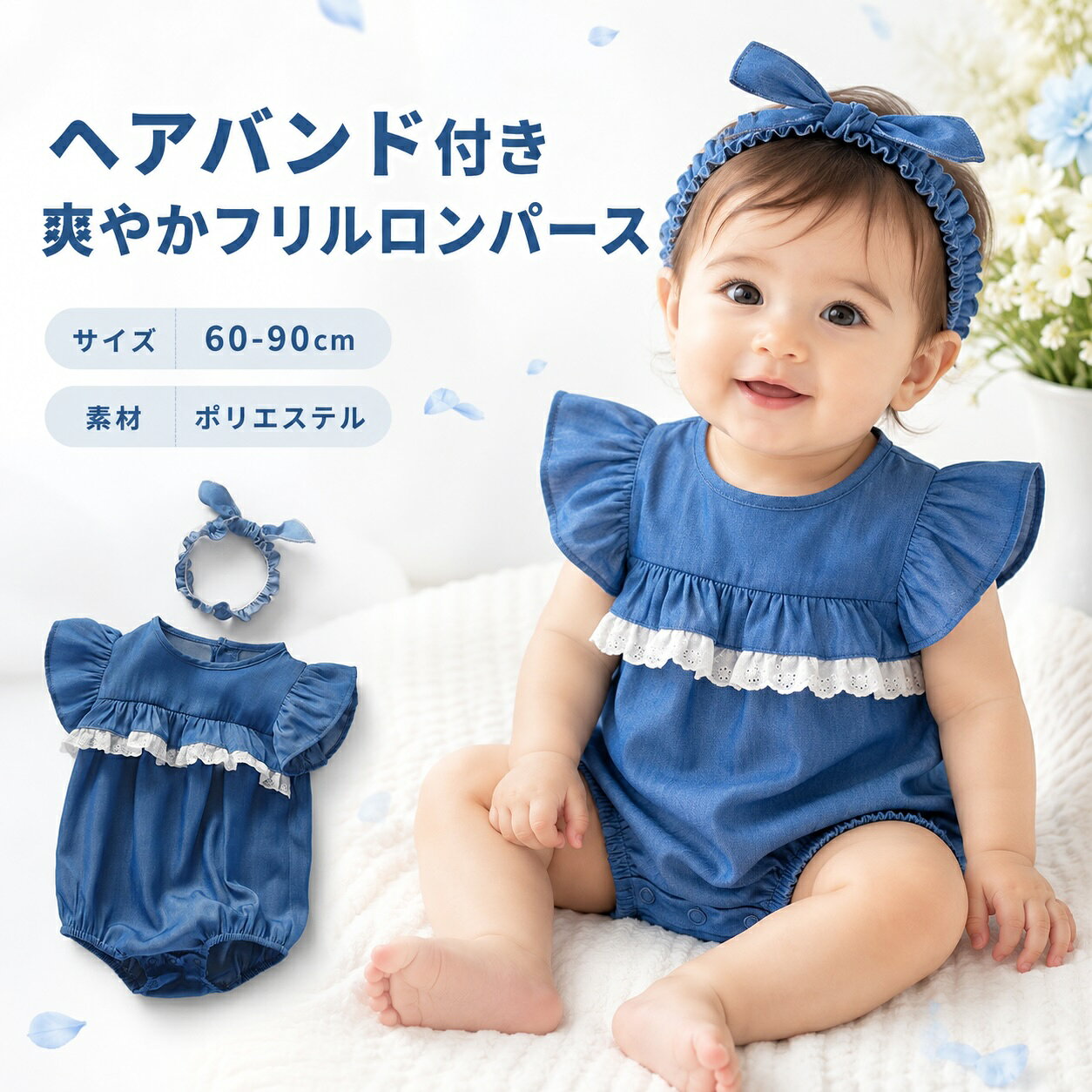 Rakuten - ベビー ロンパース 女の子 ヘアバンド付き フリル 半袖 ベビー服 夏 おしゃれ かわいい 赤ちゃん 花柄 レース フリルロンパース デニム 子供服 出産祝い 誕生日 ハーフバースデー 記念撮影 お宮参り おでかけ 60 70 80 90 新生児 ベビーウェア ギフト