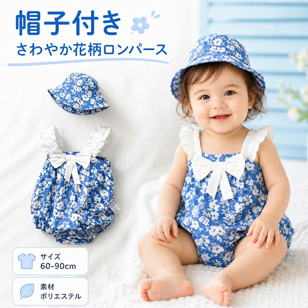 长大衣 - ベビー ロンパース 帽子付き 花柄 女の子 ベビー服 夏 フリル リボン ノースリーブ 子供服 赤ちゃん おしゃれ かわいい 出産祝い 誕生日 ハーフバースデー 記念撮影 おでかけ 夏服 ブルー ホワイト 涼しい 60 70 80 90