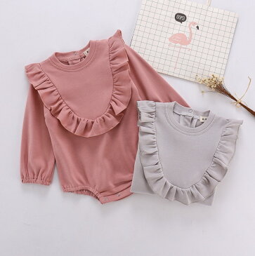 ロンパース 女の子 秋 冬 長袖 60 70 80 90 ベビー服 かわいい フリル くすみ ピンク グレー ギフト プレゼント
