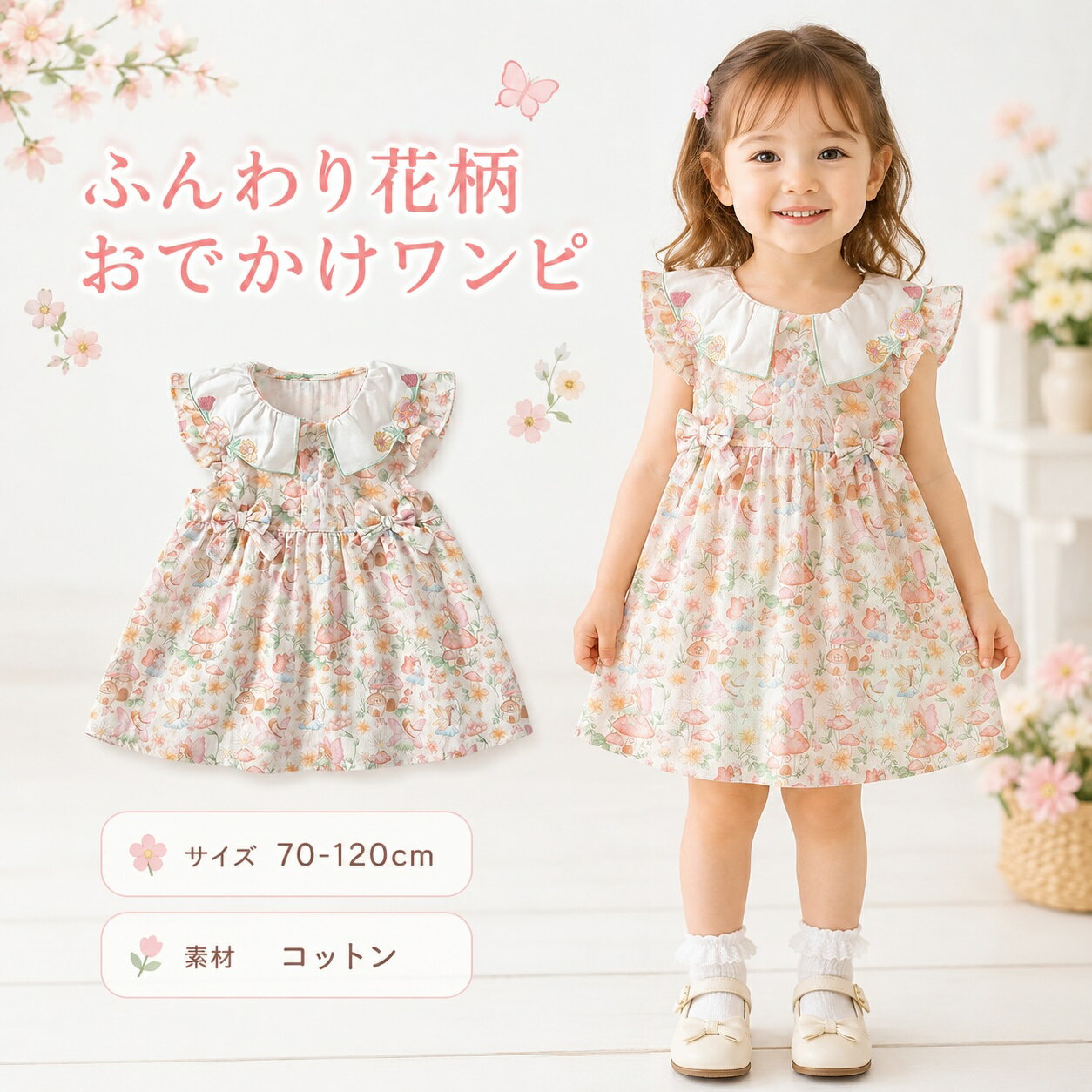 乐天商城 - 子供服 ワンピース 女の子 花柄 半袖 ワンピ キッズ ベビー コットン 綿 フラワー フリル襟 襟付き リボン おしゃれ かわいい 夏服 春夏 ガールズ ナチュラル カジュアル お出かけ 通園 通学 発表会 結婚式 誕生日 記念撮影 姉妹コーデ 70 80 90 100 110 120