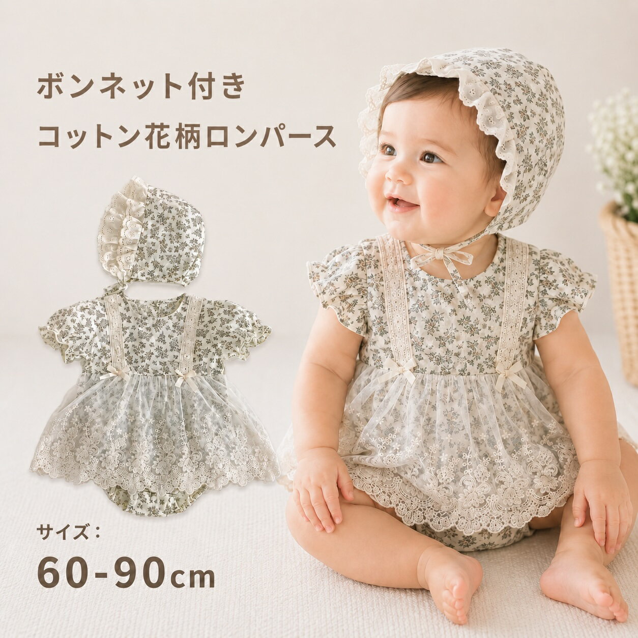 【1000円クーポン】ベビー ロンパース 女の子 ボンネット付き 半袖 花柄 レース フリル コットン100% ベビー服 赤ちゃん 子供服 かわいい おしゃれ ナチュラル 春 夏 お出かけ 誕生日 ハーフバースデー 記念撮影 出産祝い 60 70 80 90