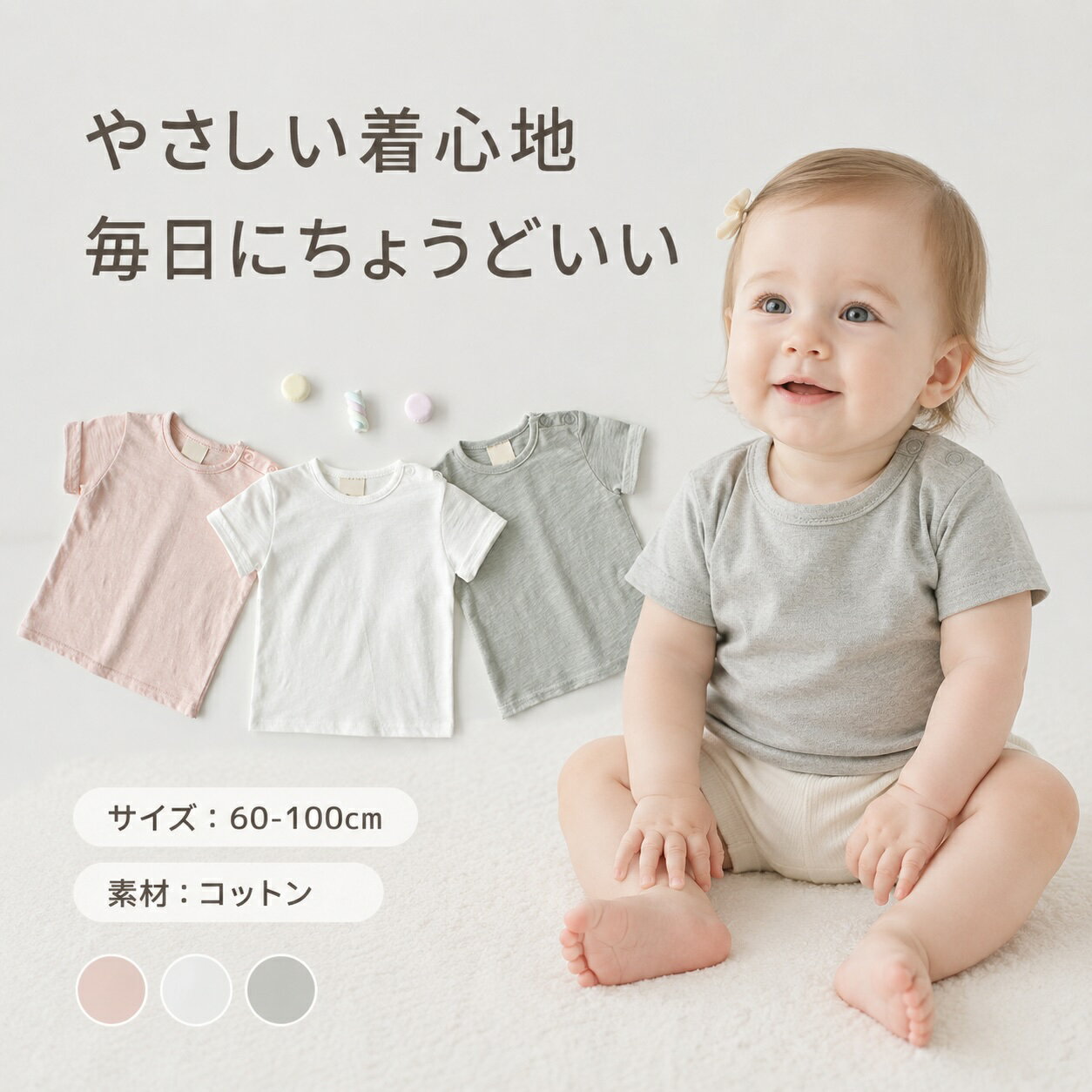 ベビー Tシャツ 半袖 無地 女の子 男の子 ベビー服 赤ちゃん トップス コットン 綿 シンプル ナチュラル かわいい おしゃれ 春 夏 子供服 新生児 保育園 普段着 着回し 出産祝い 60 70 80 90 100 ピンク ホワイト グレー