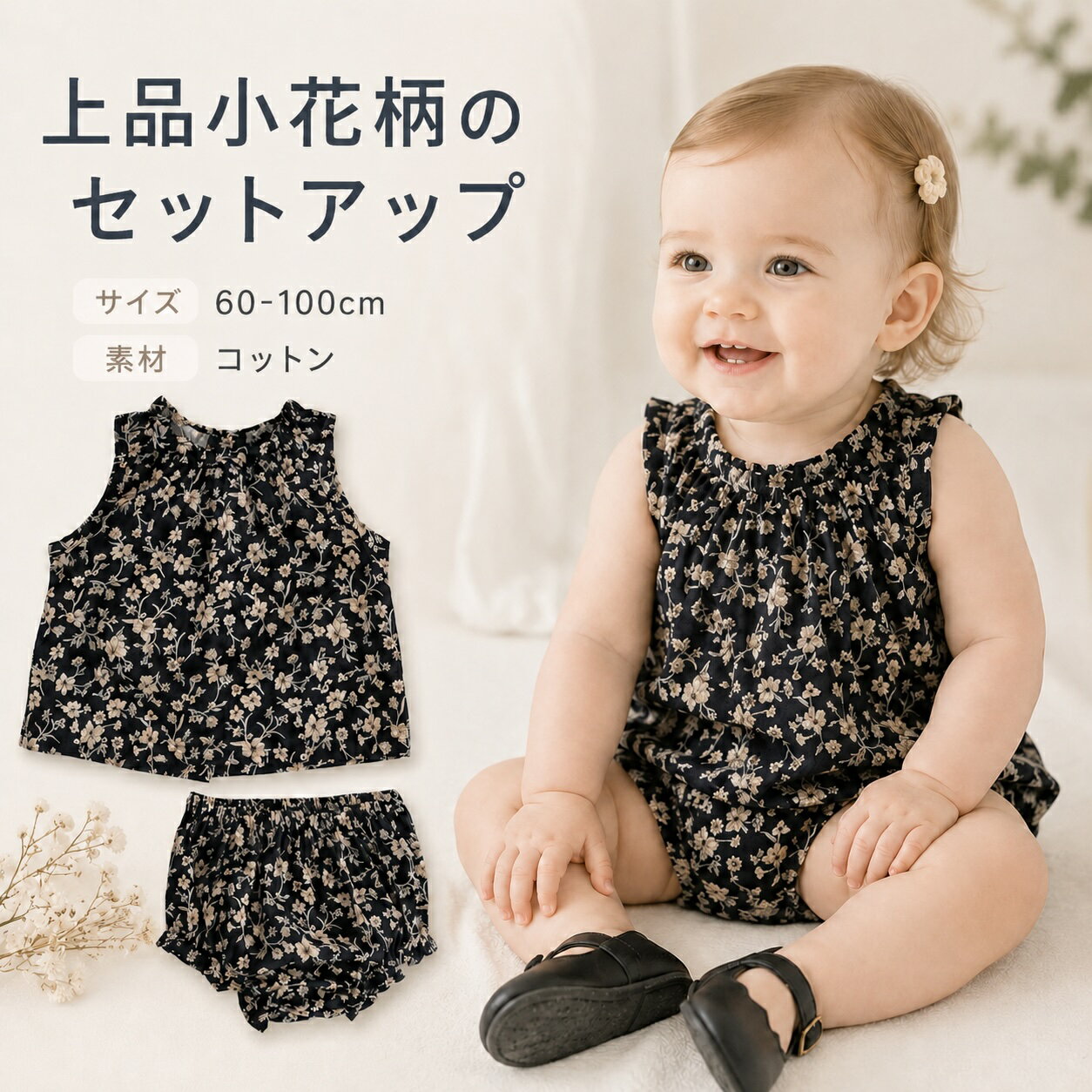 ベビー セットアップ 女の子 夏 ノースリーブ ブルマ 小花柄 フリル ベビー服 赤ちゃん 子供服 コットン かわいい おしゃれ ナチュラル お出かけ 普段着 保育園 誕生日 ハーフバースデー 記念撮影 出産祝い 60 70 80 90 100