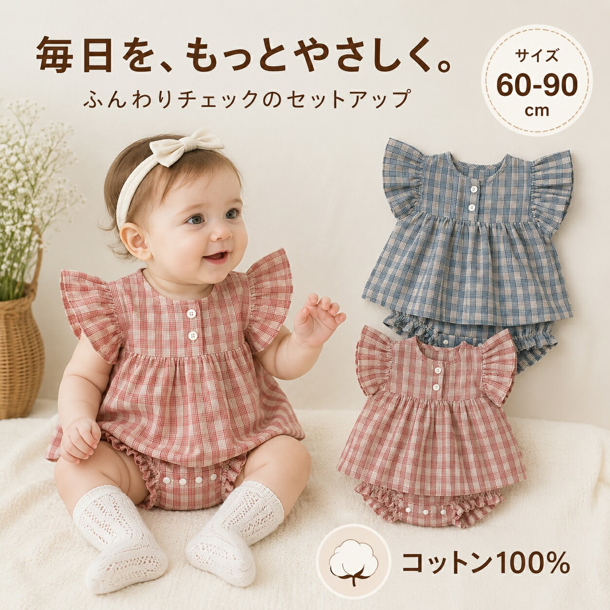 【1000円クーポン】ベビー服 女の子 赤ちゃん 半袖 セットアップ コットン 綿 トップス 短パン 女の子 パンツ シャツ 夏 フリル かわいい おしゃれ キッズ 2点セット 子ども服 子供 子供服 レッド ブルー シンプル セパレート 60 70 80 90 100（楽天・海外子供服セレクトショップGermey）