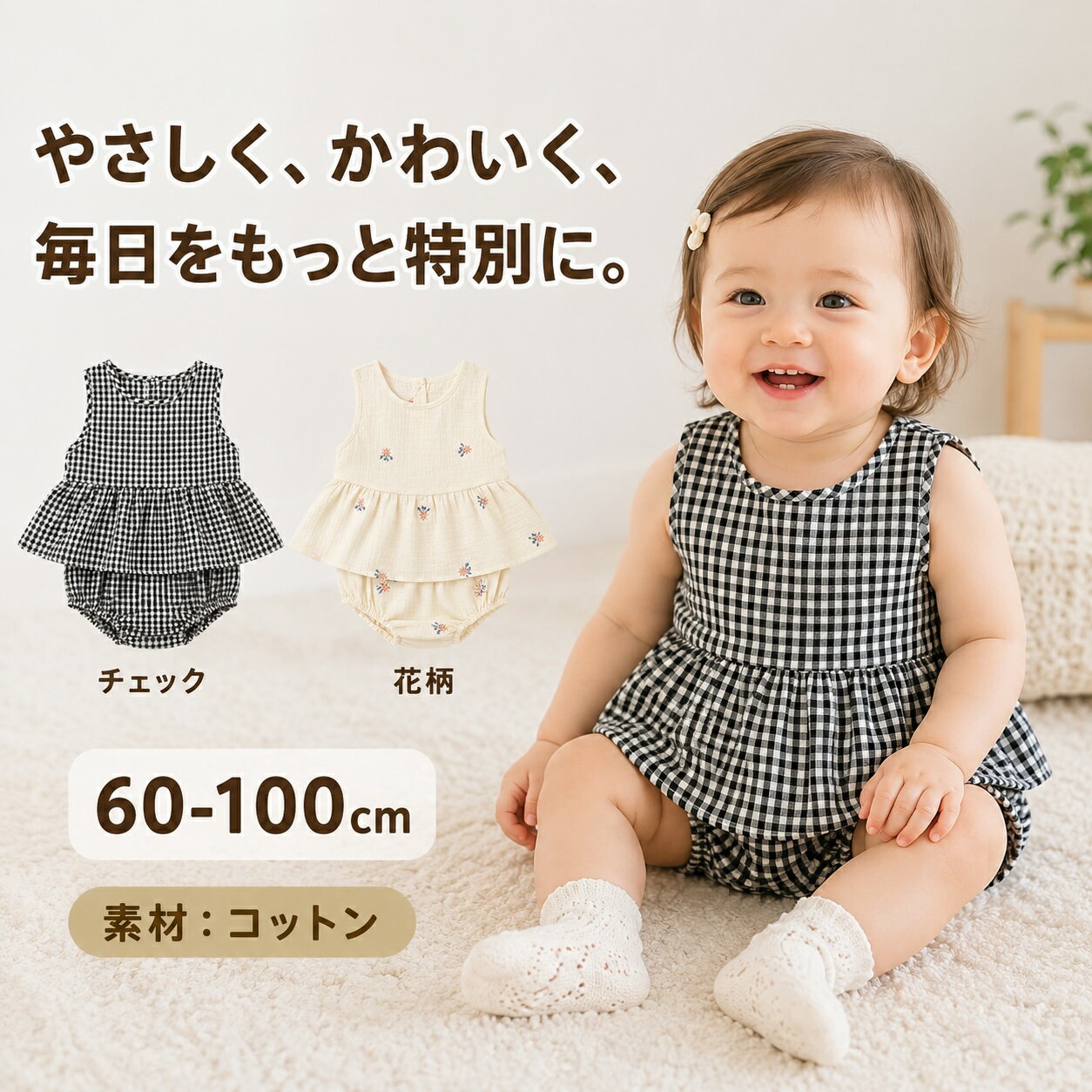 Rakuten - 【1000円クーポン】ベビー服 女の子 夏 おしゃれ かわいい コットン 100 綿 セパレート ギンガムチェック 花柄 涼しい セットアップ 上下セットトップス 半袖 ノースリーブ パンツ ベビー ベビー服 赤ちゃん 赤ちゃん服 服 夏 春 秋 出産祝い 60 70 80 90 100